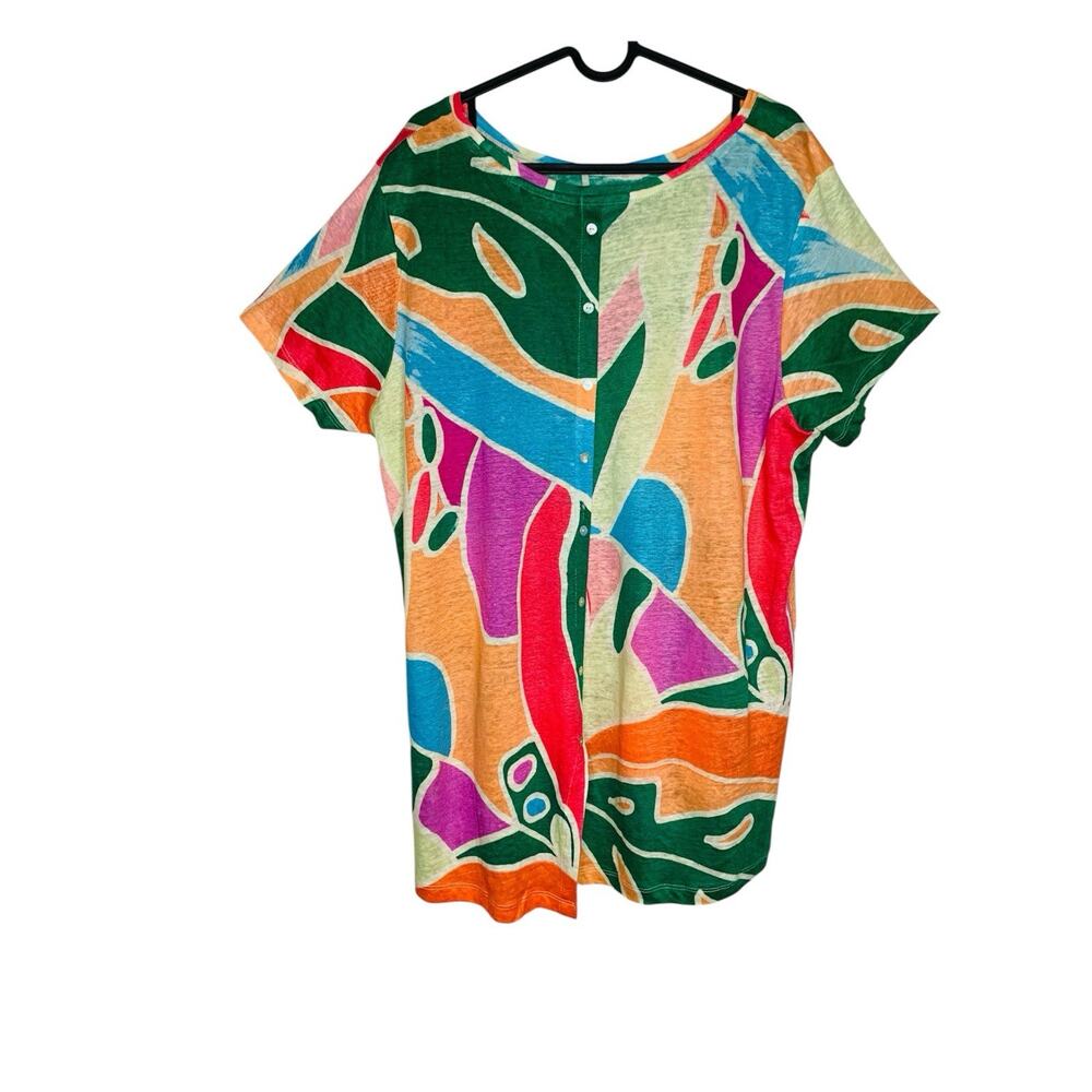 Christian Siriano 100% Linen Abstract Colorful Tropical Print Top Size 2X